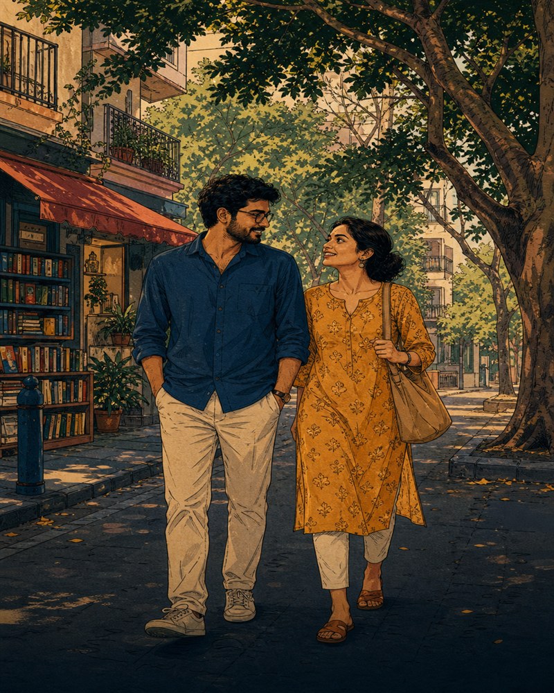 Illustration of a couple walking together