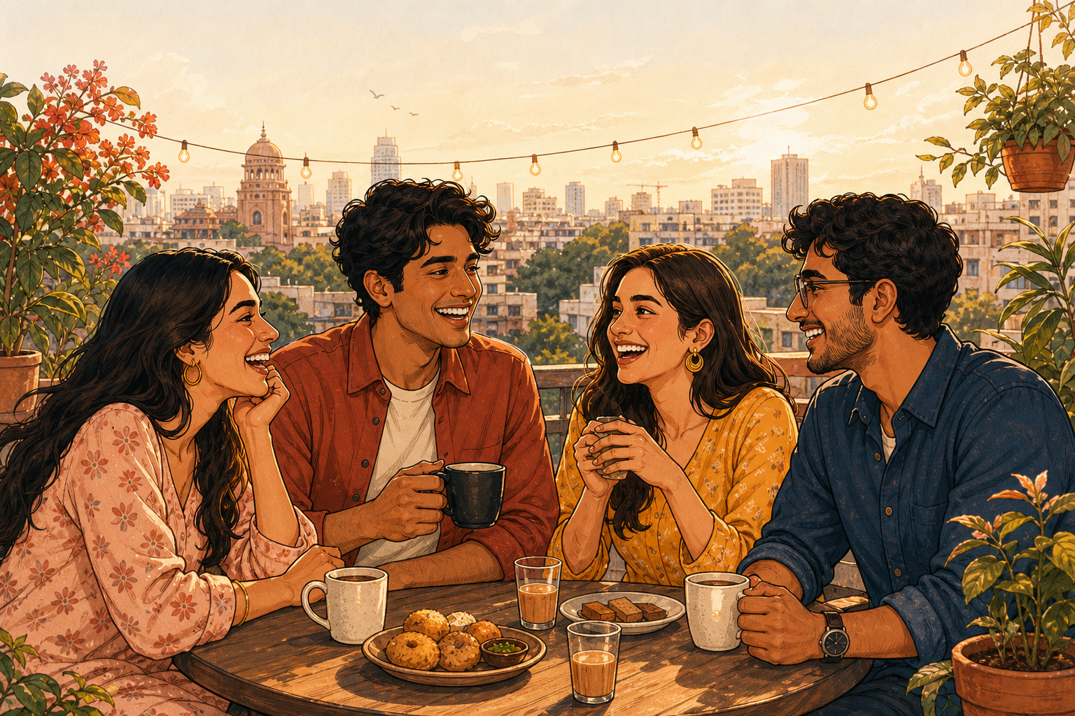 Friends meeting over coffee on a Bengaluru rooftop
